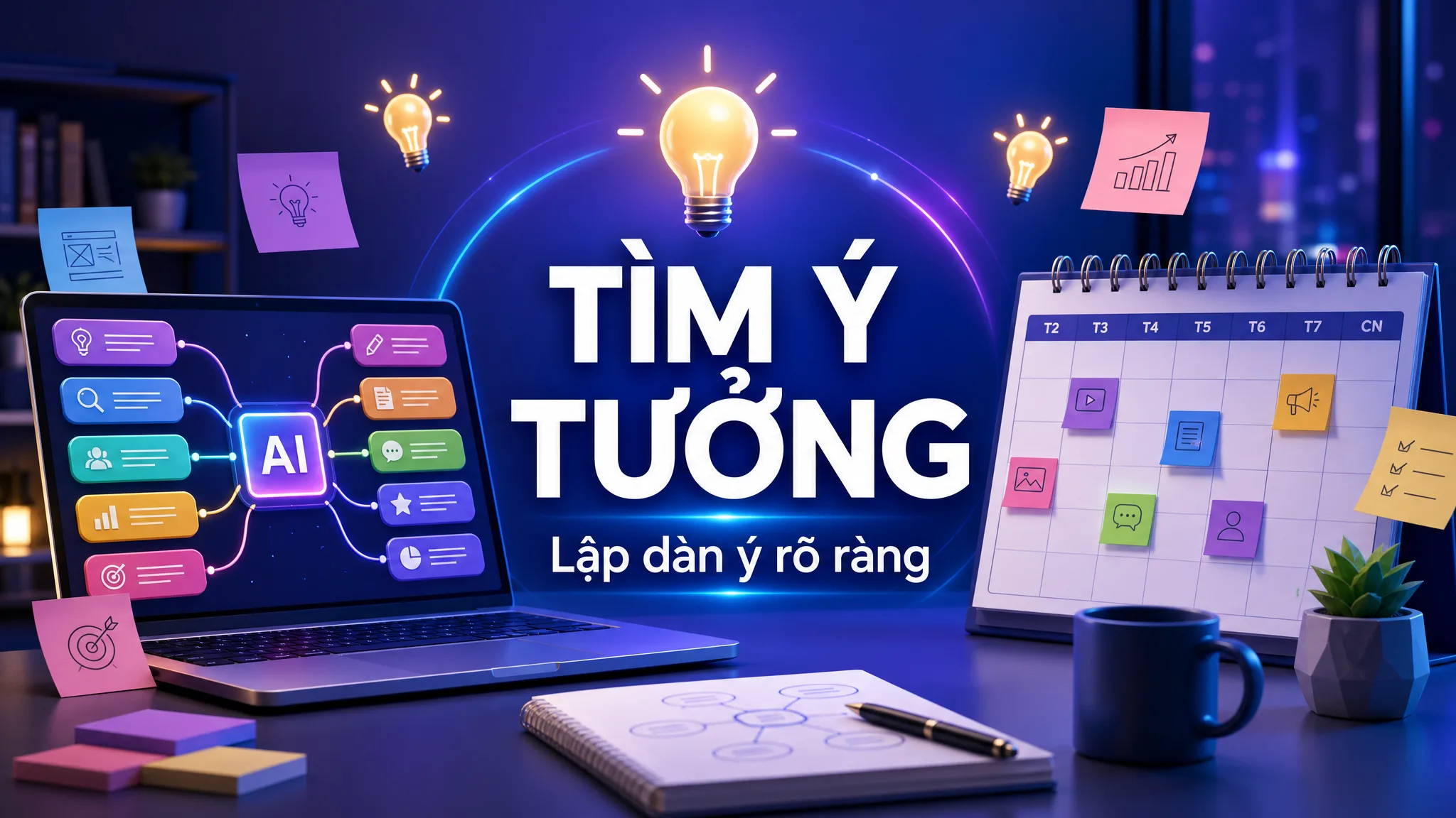 Ảnh minh họa AI hỗ trợ brainstorming và lập dàn ý nội dung rõ ràng.