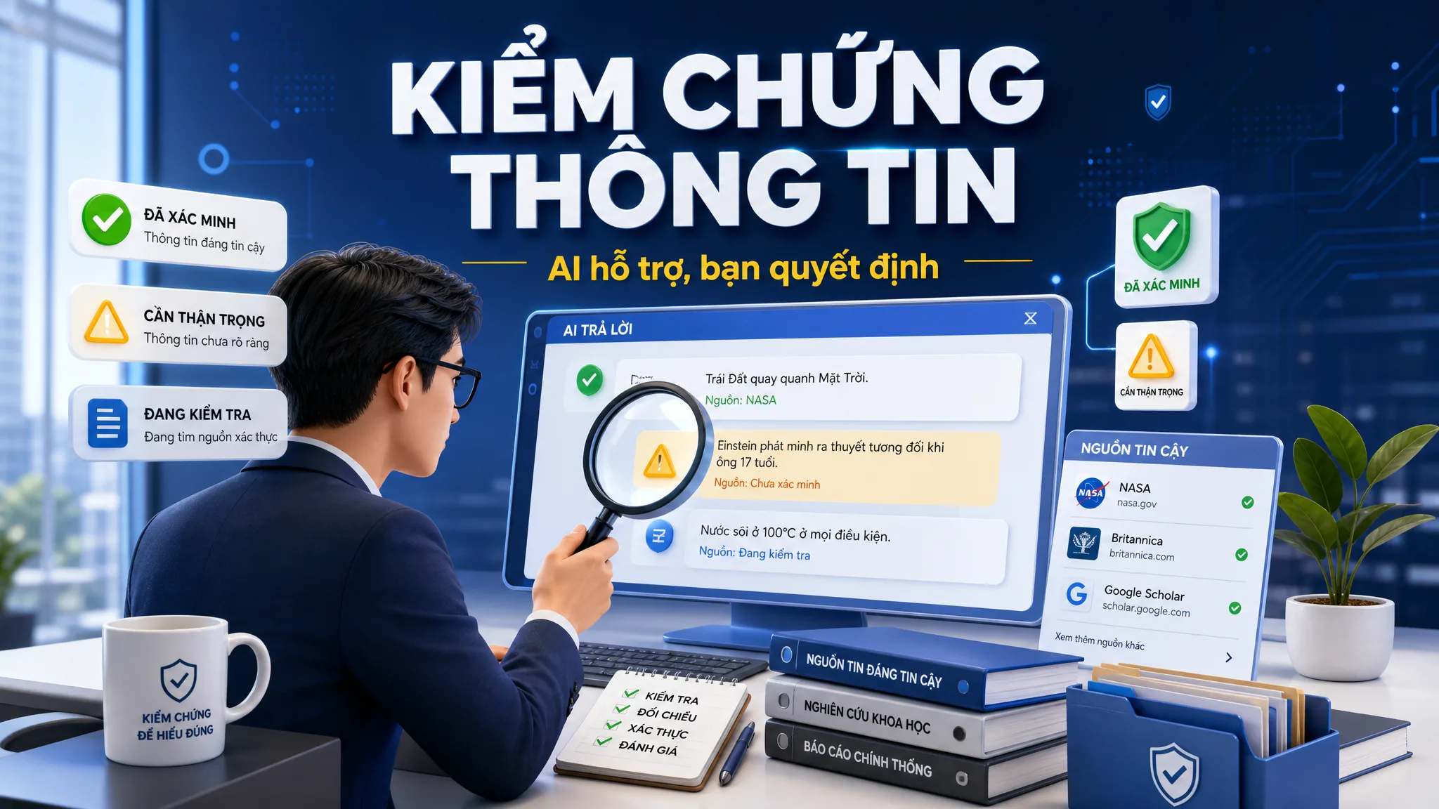Ảnh minh họa việc kiểm chứng thông tin do AI tạo ra trước khi sử dụng.