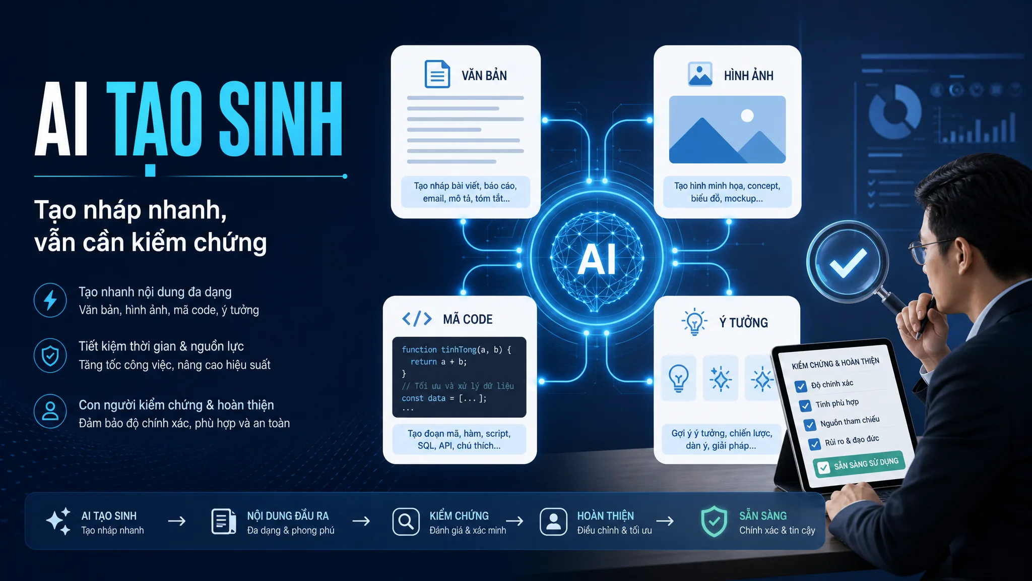 Ảnh nội dung giải thích AI tạo sinh có thể tạo nháp nhanh nhưng vẫn cần con người kiểm chứng.