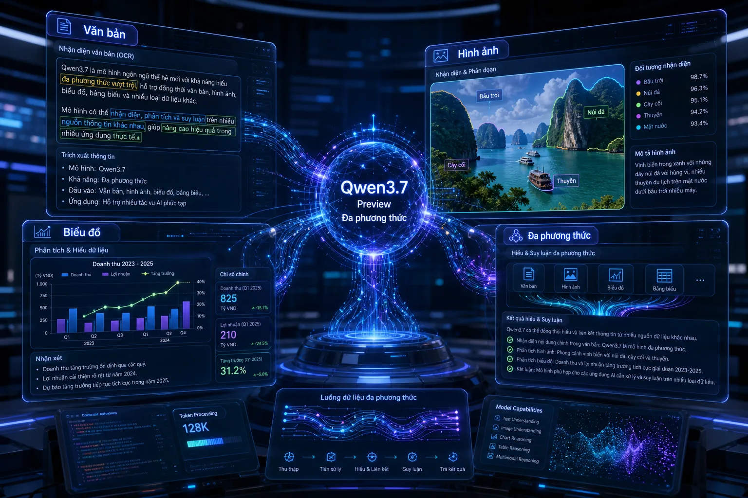 Minh họa Qwen3.7 Preview xử lý văn bản, hình ảnh và biểu đồ trong workflow đa phương thức