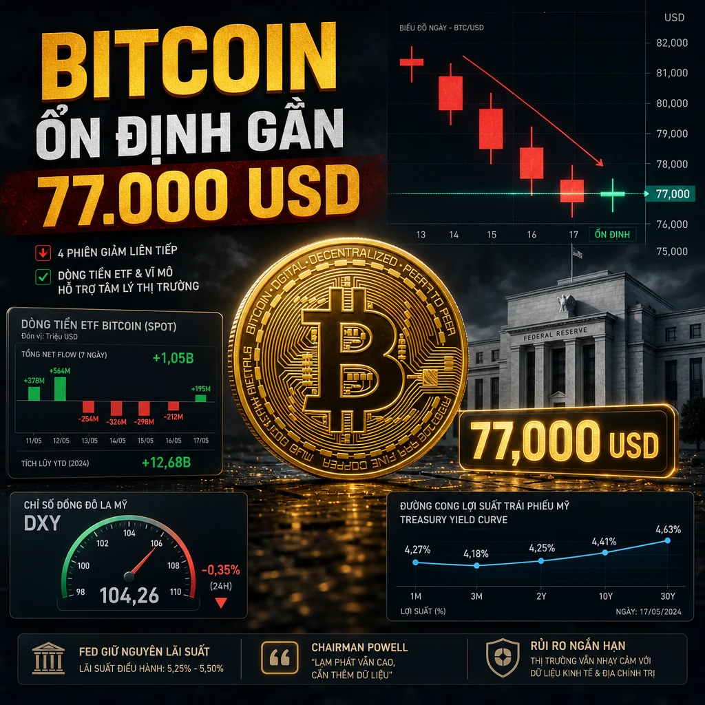 Bitcoin ổn định gần 77.000 USD sau bốn phiên giảm liên tiếp