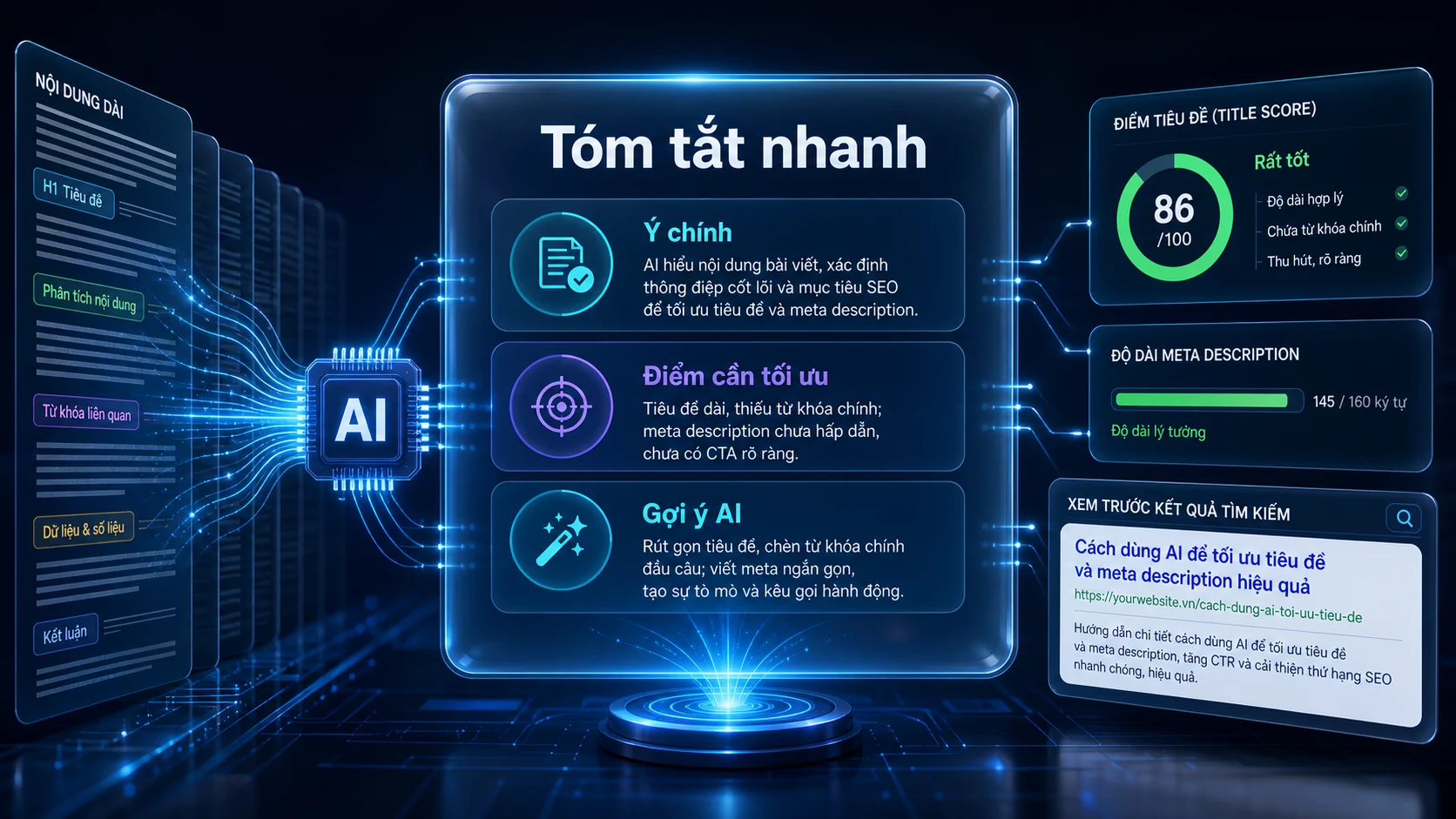 Tóm tắt nhanh trong bài Cách dùng AI để tối ưu tiêu đề và meta description hiệu quả