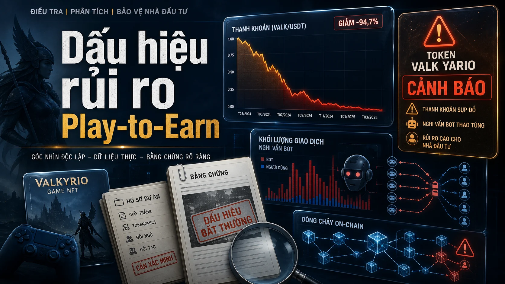Minh họa các dấu hiệu rủi ro trong dự án Play-to-Earn và token VALK