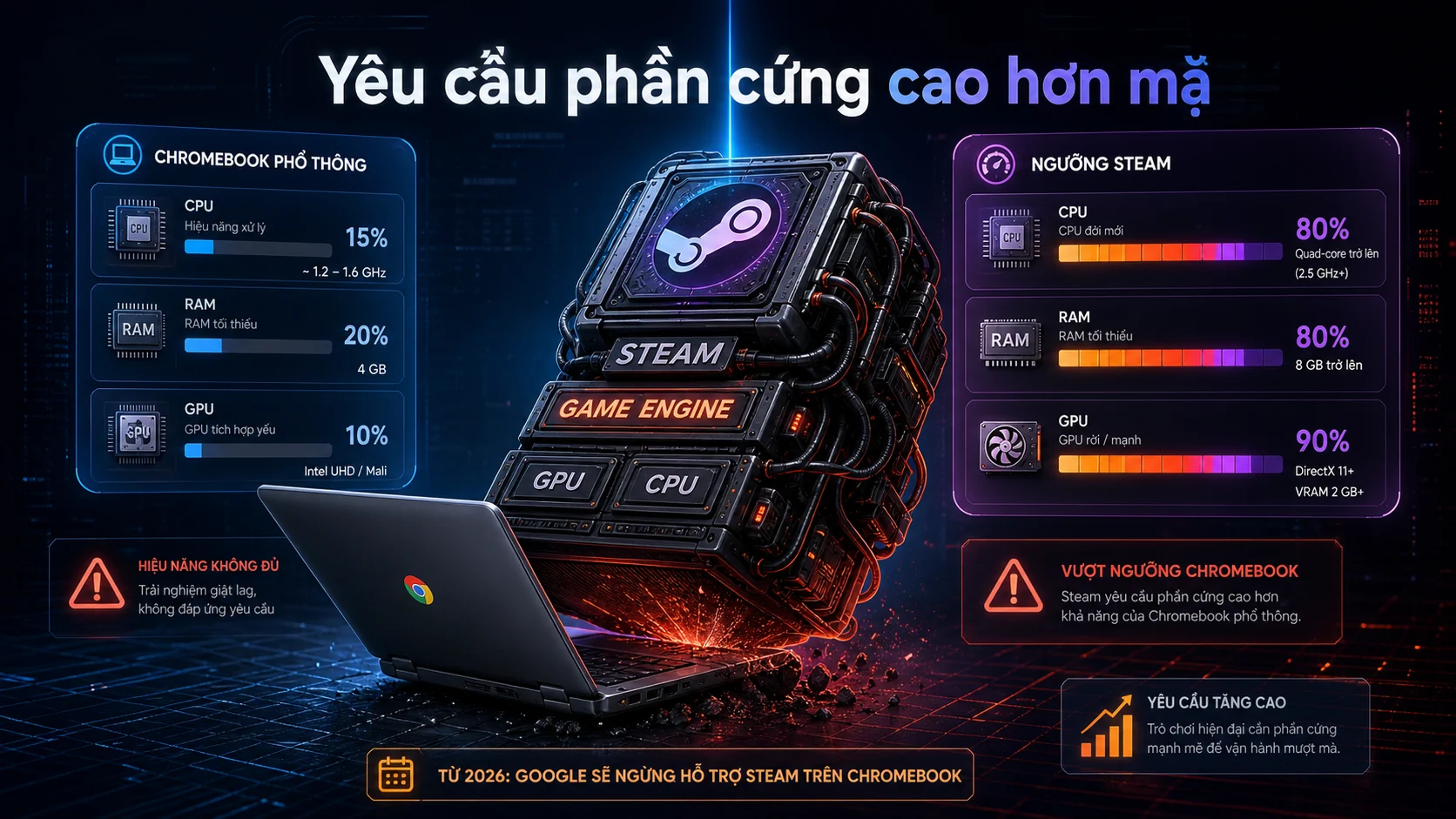 Yêu cầu phần cứng cao hơn mặ trong bài Google sẽ ngừng hỗ trợ Steam trên Chromebook từ 2026