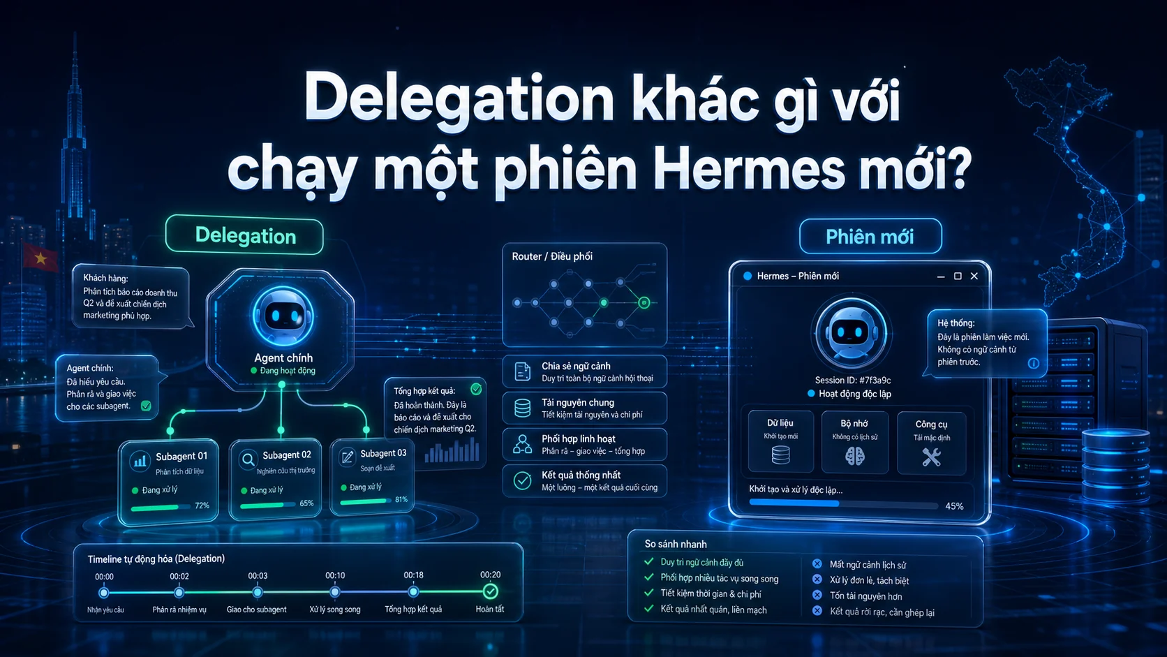 Delegation khác gì với chạy một phiên Hermes mới? trong bài Hermes Subagents và Delegation: chia việc cho AI Agent