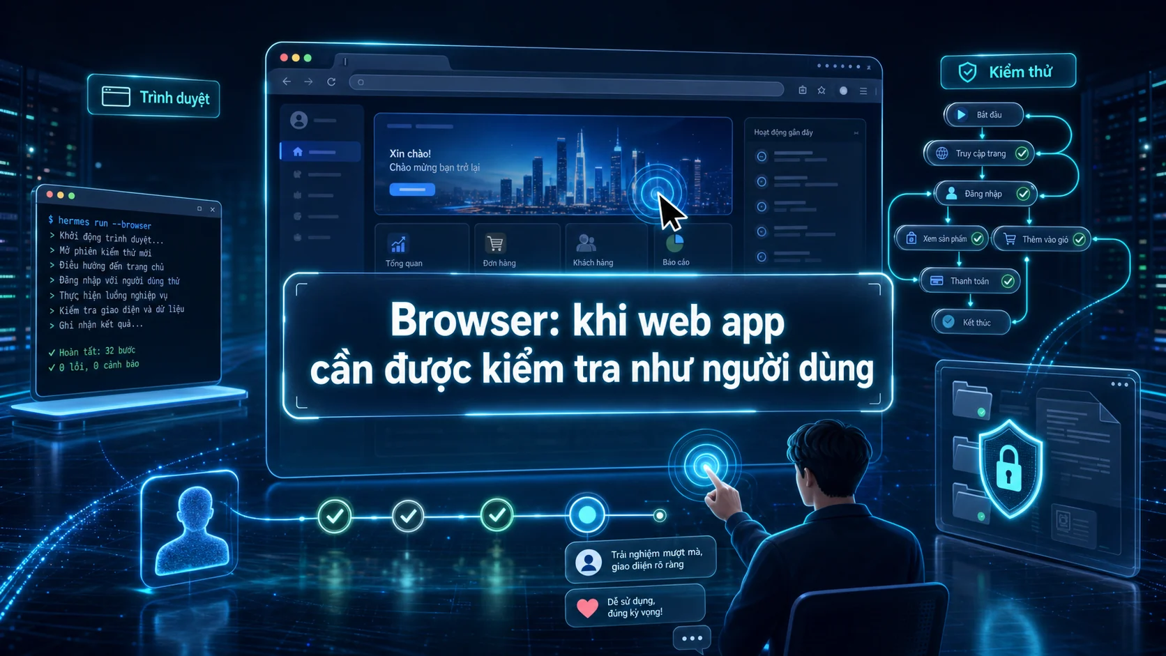 Browser: khi web app cần được kiểm tra như người dùng thật trong bài Hermes Tools: dùng browser, terminal và file an toàn