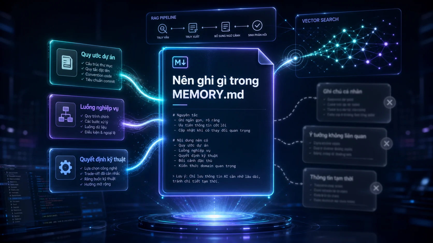 Nên ghi gì trong MEMORY.md trong bài Kho kiến thức OpenClaw: dùng MEMORY.md, RAG và vector search để AI nhớ đúng ngữ cảnh