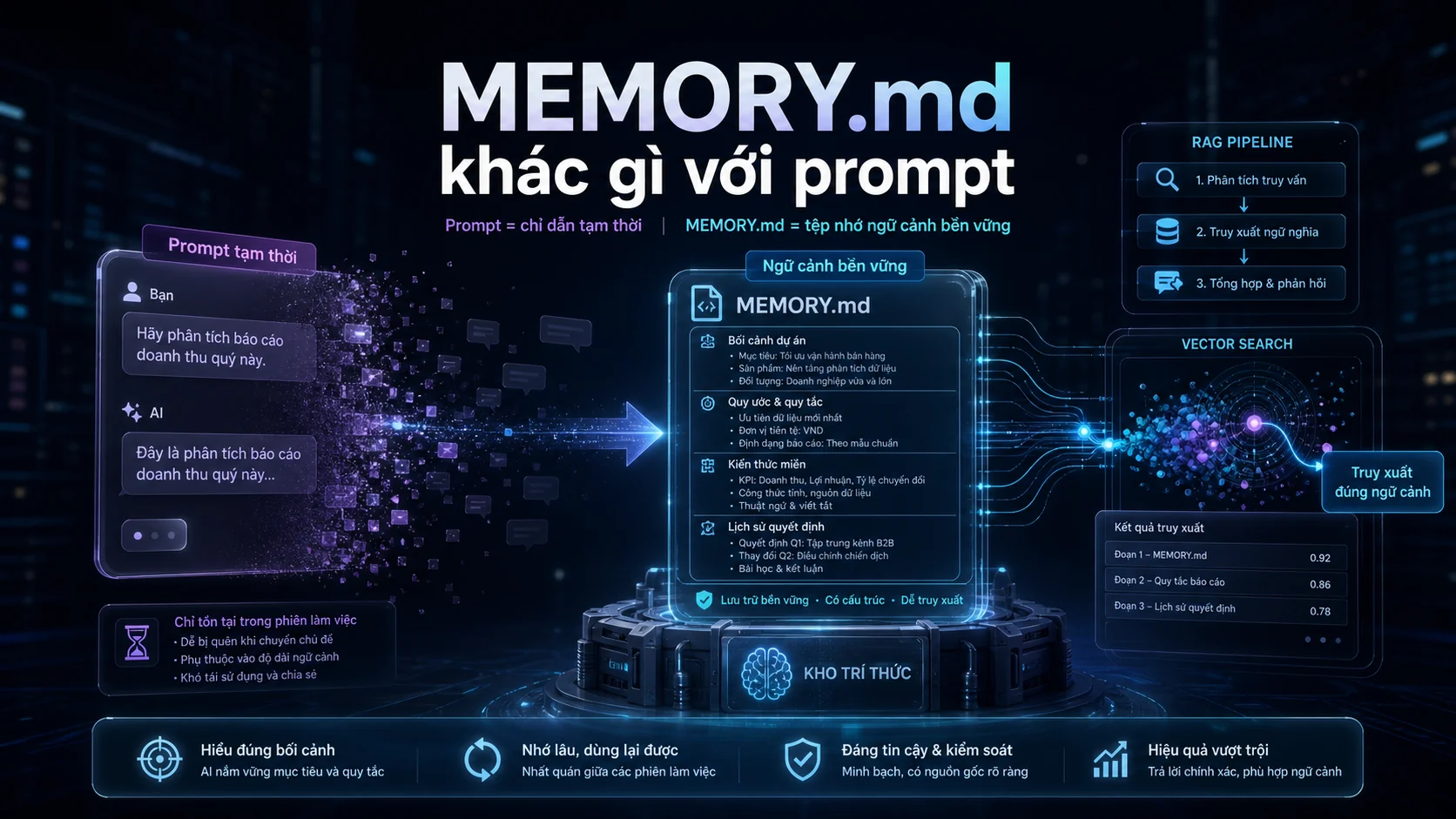 MEMORY.md khác gì với prompt trong bài Kho kiến thức OpenClaw: dùng MEMORY.md, RAG và vector search để AI nhớ đúng ngữ cảnh