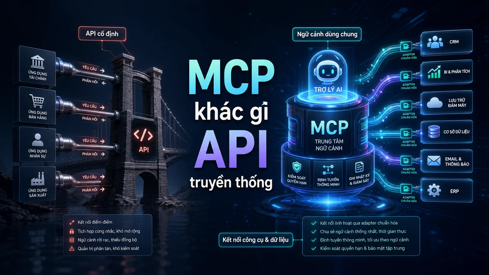 MCP khác gì API truyền thống trong bài MCP là gì? Vì sao AI có thể kết nối công cụ và dữ liệu doanh nghiệp