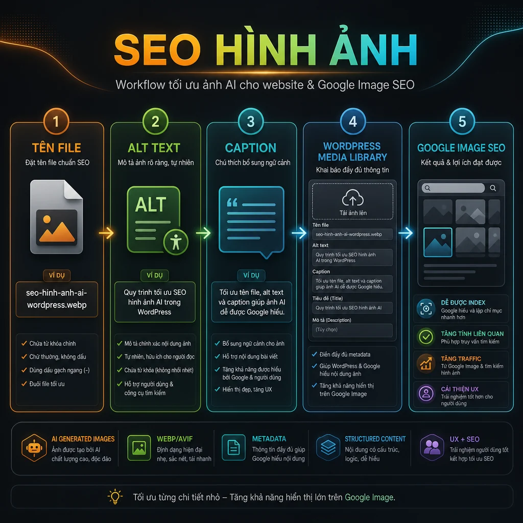 SEO hình ảnh AI với tên file alt text và caption