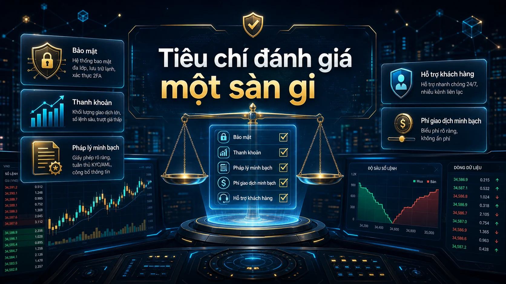 Tiêu chí đánh giá một sàn gi trong bài Top 5 sàn giao dịch tiền điện tử uy tín nhất năm 2026