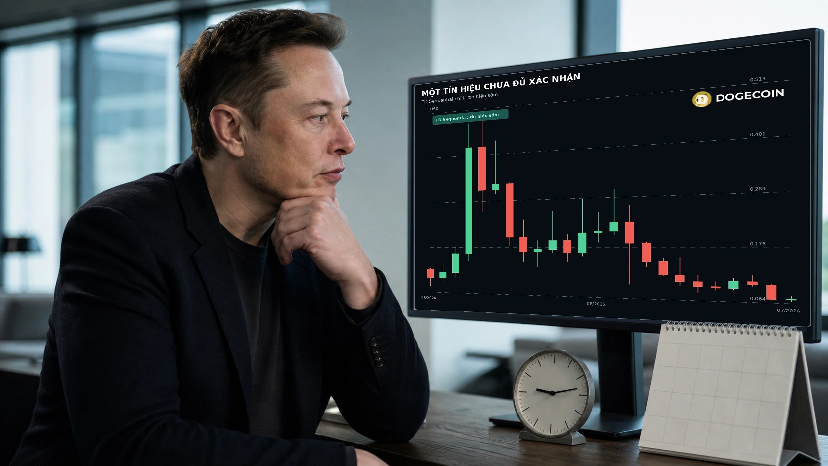 Elon Musk xem biểu đồ Dogecoin khung tháng và tín hiệu TD Sequential