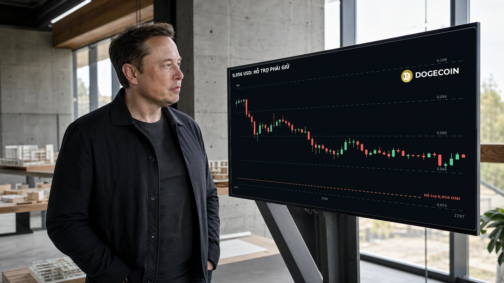 Elon Musk bên biểu đồ Dogecoin với hỗ trợ 0,056 USD