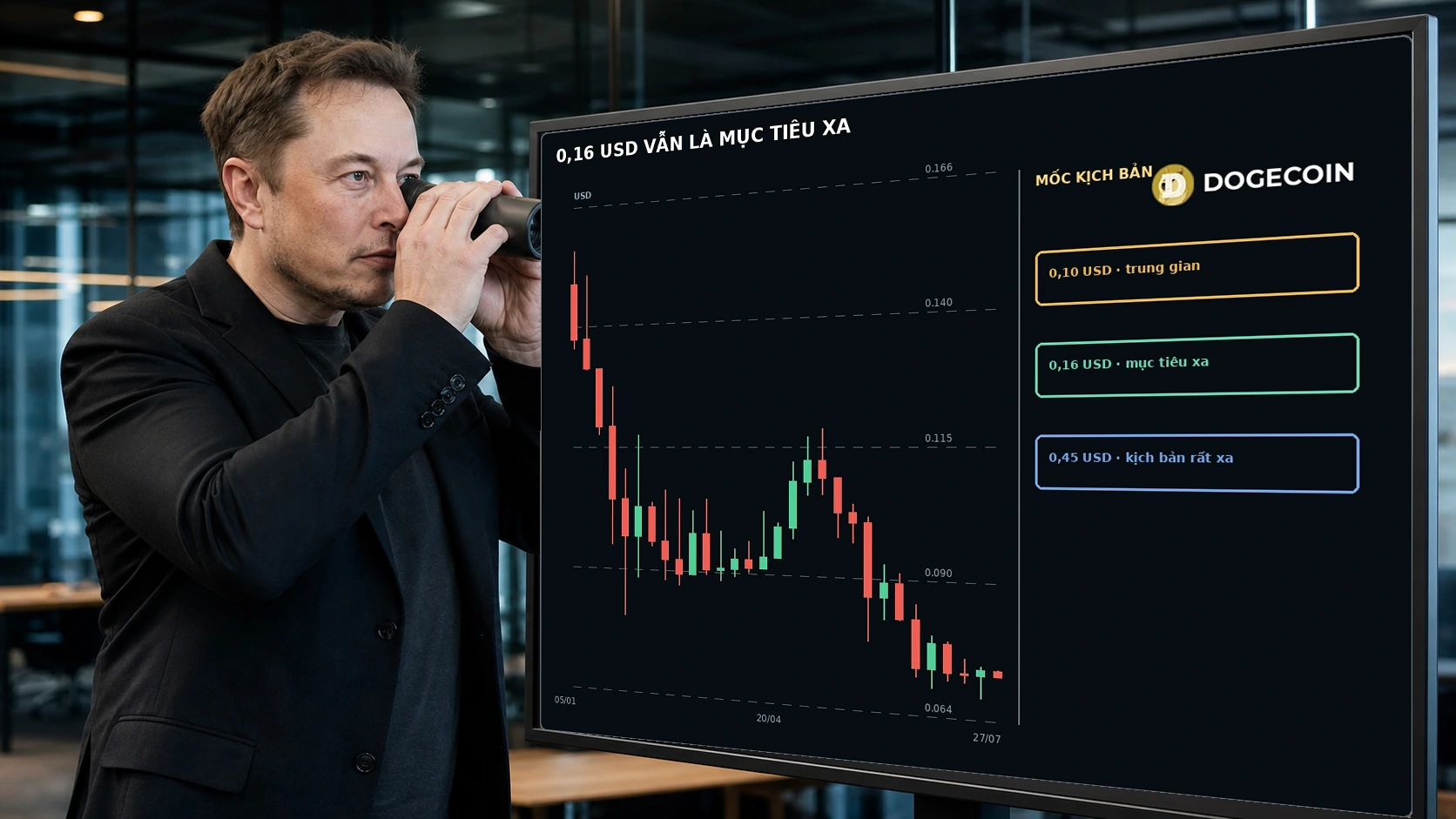Elon Musk xem các mốc kịch bản Dogecoin 0,10 0,16 và 0,45 USD
