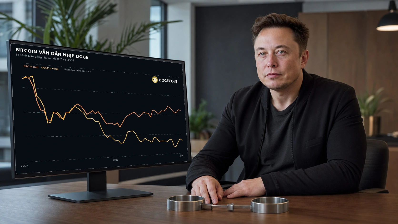 Elon Musk bên biểu đồ chuẩn hóa Bitcoin và Dogecoin