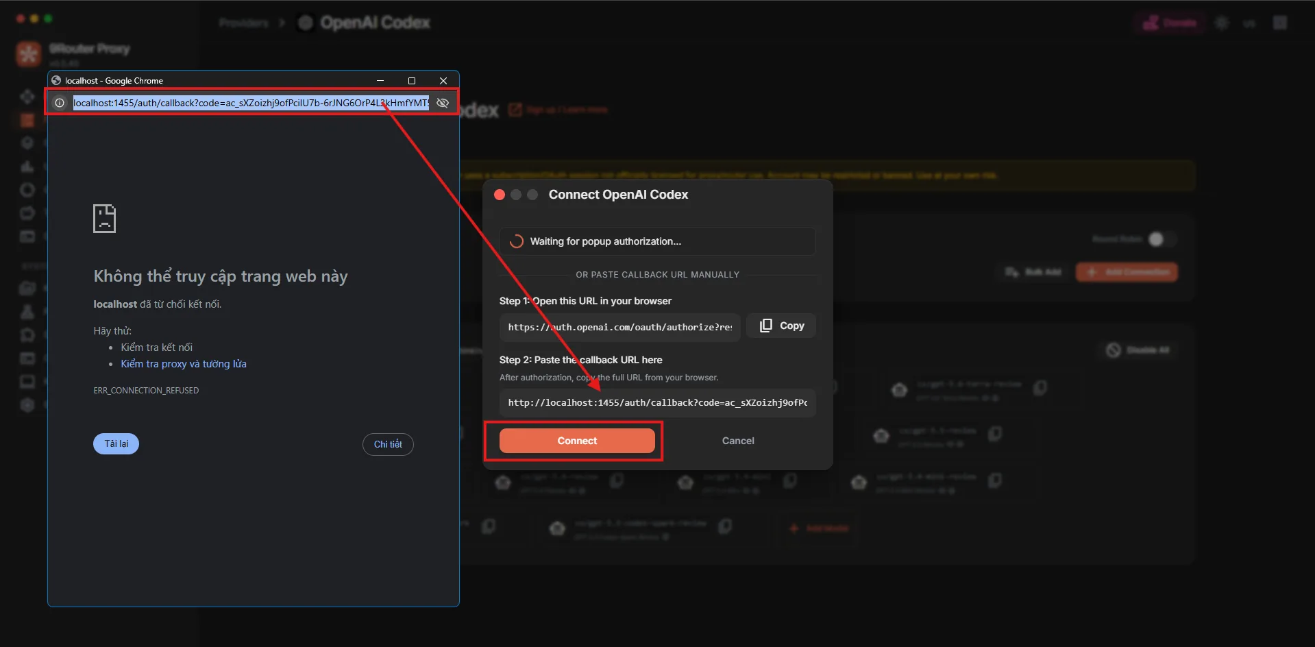 Copy link localhost trên popup
