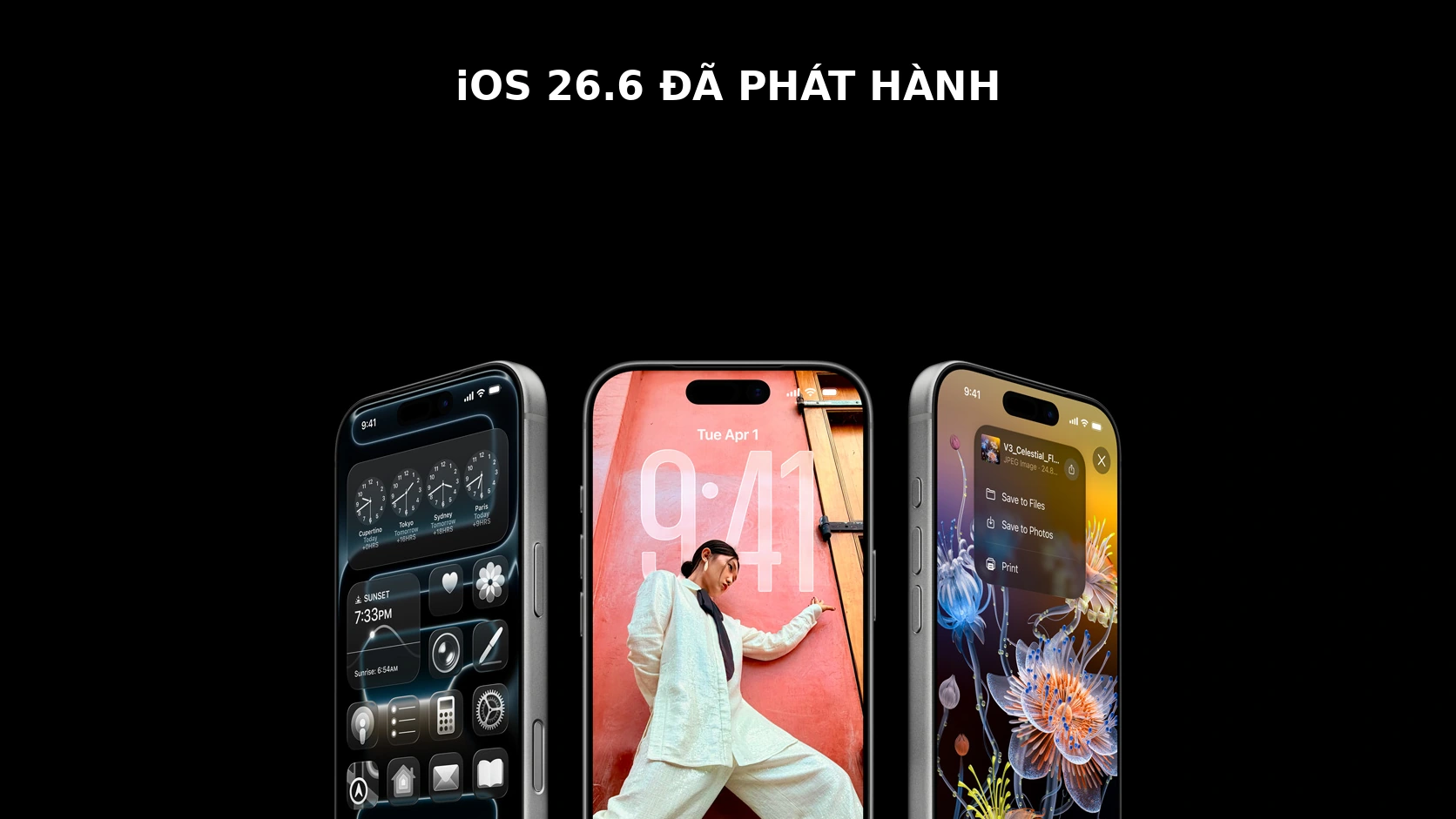 Ba iPhone hiển thị giao diện iOS 26 trong bài viết về iOS 26.6