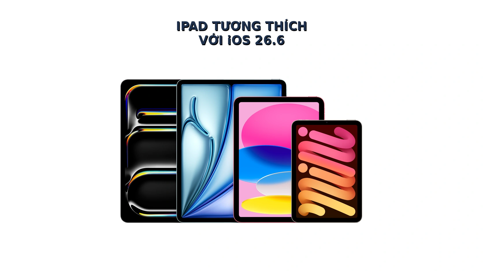 Bốn mẫu iPad minh họa nhóm iPad tương thích với iOS 26.6