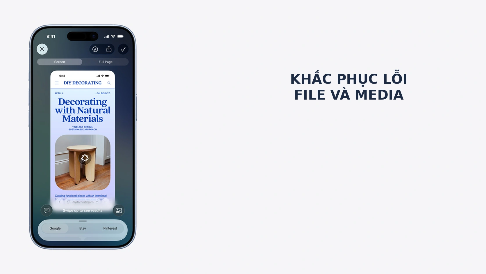 iPhone hiển thị giao diện screenshot và tìm kiếm hình ảnh trong phần file media